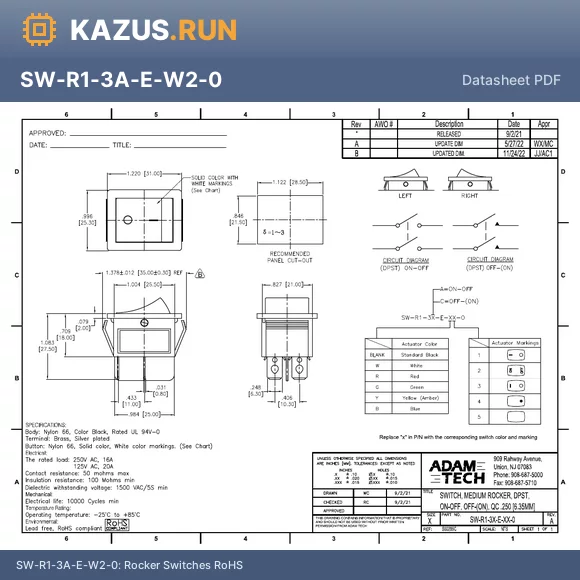 SW-R1-3A-E-R1-0 datasheet - Rocker Switches RoHS