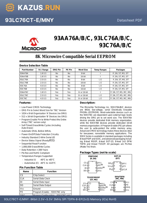 93LC76CT-E/MNY datasheet - 8Kbit 2.5V~5.5V 3MHz SPI TDFN-8-EP(2x3) Memory (ICs) RoHS