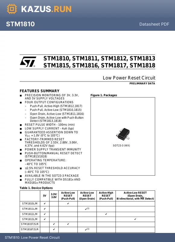 STM1815RWX7F datasheet - 100ms Active Low 1V~5.5V 1 SOT-23-3 Supervisors RoHS
