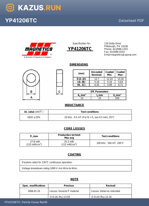 YP41206TC datasheet - Ferrite Cores RoHS