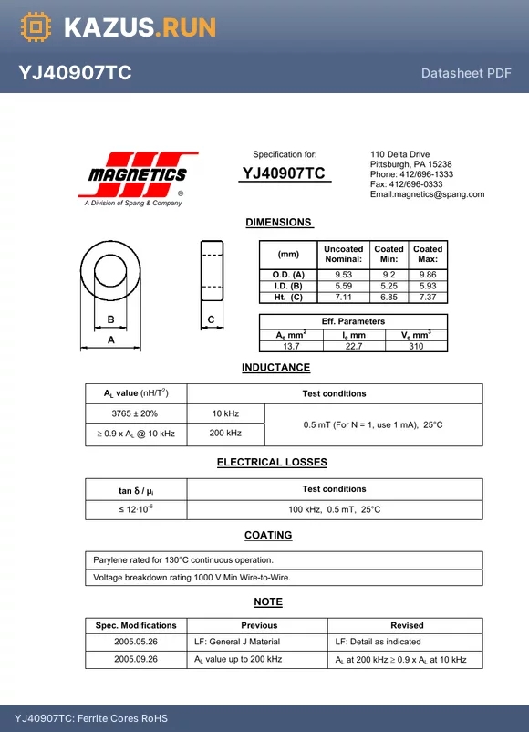 YJ40907TC datasheet - Ferrite Cores RoHS