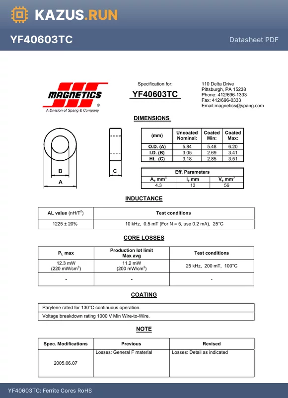YF40603TC datasheet - Ferrite Cores RoHS