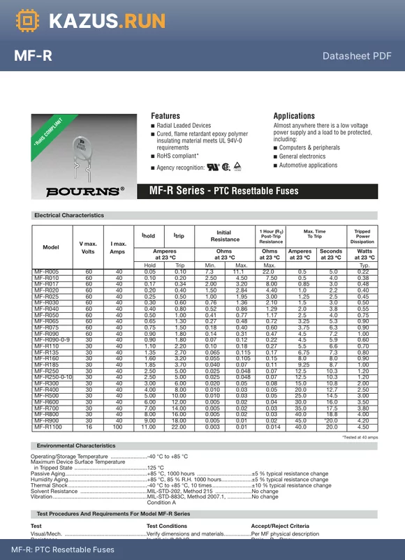 MF-R040 datasheet - Polymeric PTC Resettable Fuse 60V 400mA Through Hole P=5.1mm