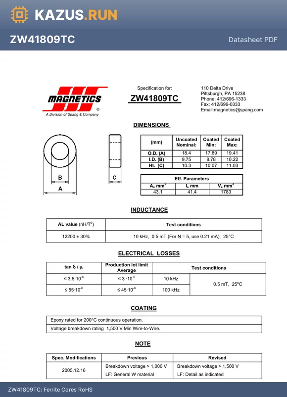 ZW41809TC datasheet - Ferrite Cores RoHS