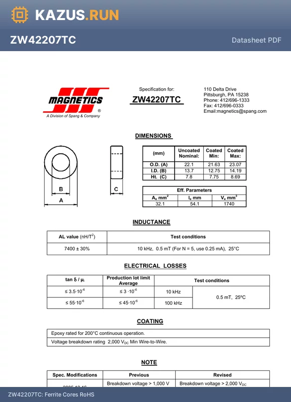 ZW42207TC datasheet - Ferrite Cores RoHS