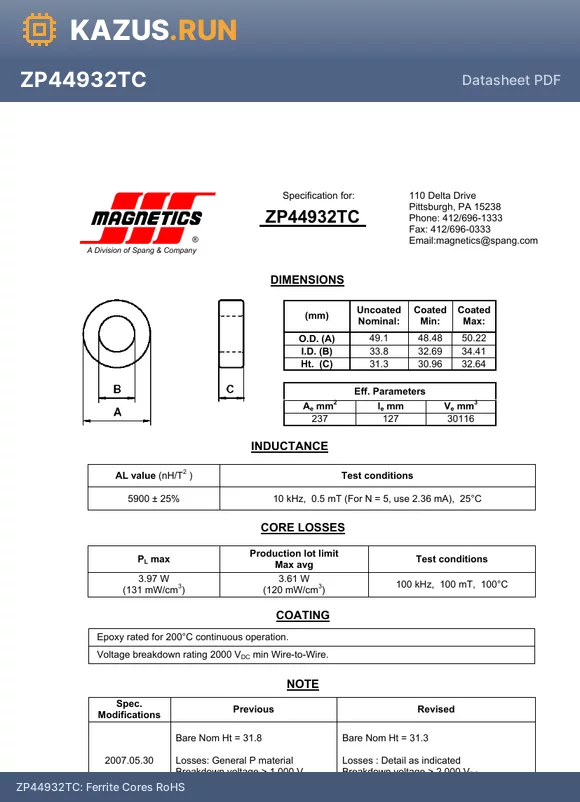 ZP44932TC datasheet - Ferrite Cores RoHS