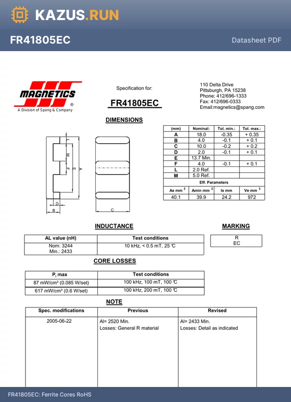 FR41805EC datasheet - Ferrite Cores RoHS