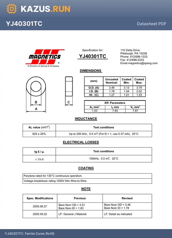 YJ40301TC datasheet - Ferrite Cores RoHS