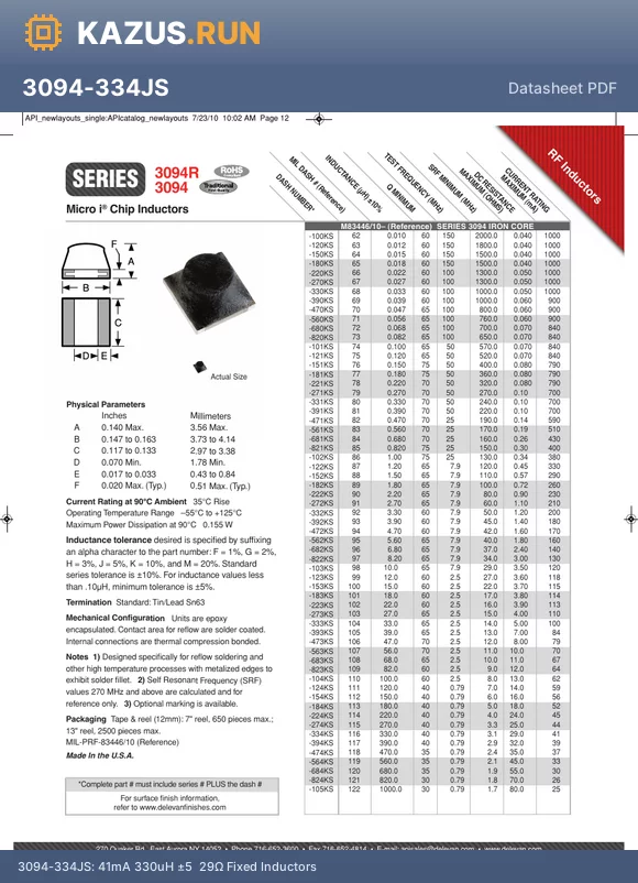 3094R-152JS datasheet - 290mA 1.5uH a5% 570mY Fixed Inductors RoHS