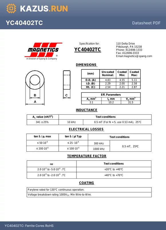 YC40402TC datasheet - Ferrite Cores RoHS