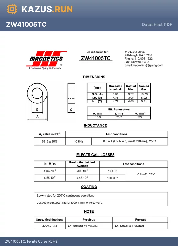 ZW41005TC datasheet - Ferrite Cores RoHS