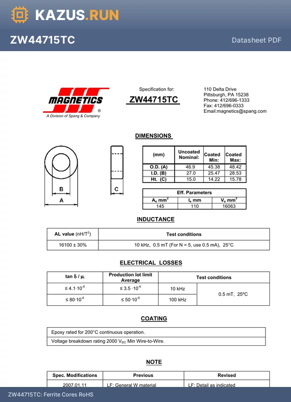 ZW44715TC datasheet - Ferrite Cores RoHS