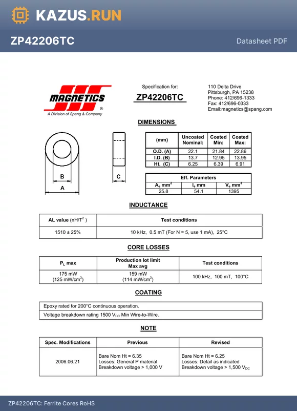 ZP42206TC datasheet - Ferrite Cores RoHS