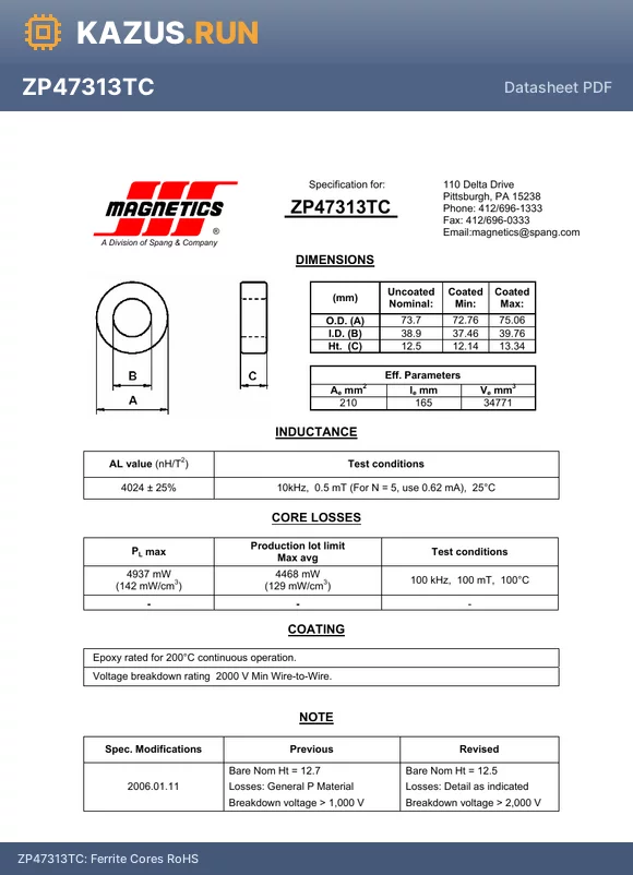 ZP47313TC datasheet - Ferrite Cores RoHS