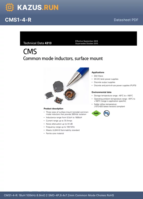 CMS3-10-R datasheet - 518uH@100MHz 76mY 2 Common Mode Chokes RoHS
