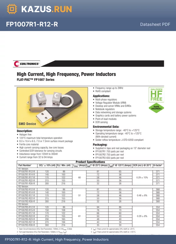 FP1007R3-R12-R datasheet - 61A 115nH a10% 0.29mY 94A Fixed Inductors RoHS