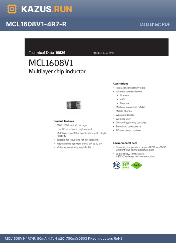 MCL1608V1-R15-R datasheet - 150mA 150nH a20% 200mY 0603 Fixed Inductors RoHS
