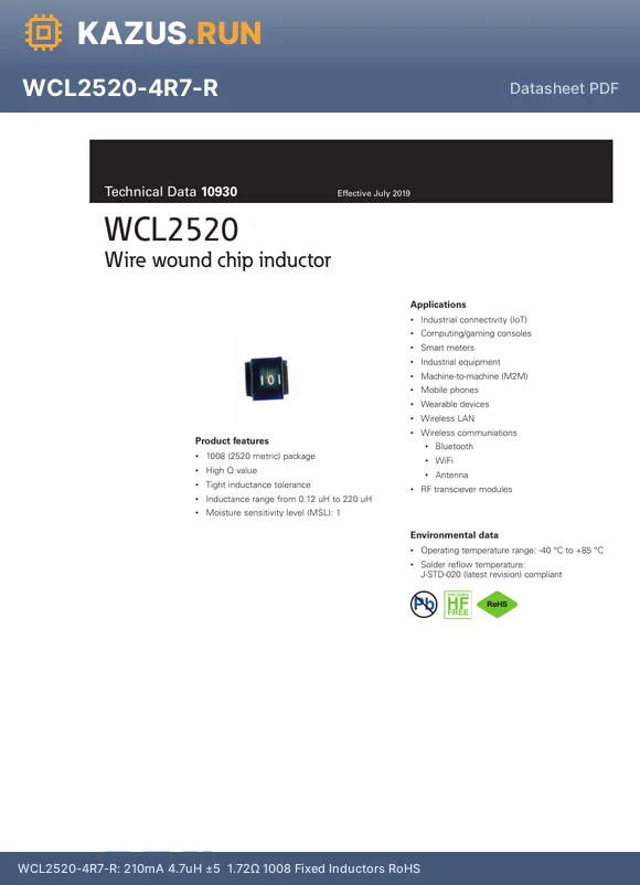 WCL2520-R560-R datasheet - 600mA 560nH a5% 420mY 1008 Fixed Inductors RoHS
