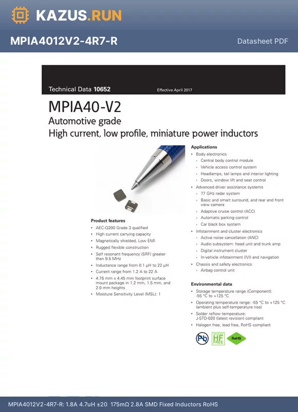 MPIA4012V2-R47-R datasheet - 5.6A 470nH a20% 19mY 6.8A SMD Fixed Inductors RoHS