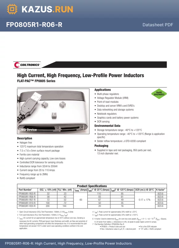 FP0805R1-R03-R datasheet - 65A 32nH a10% 95A 0.17mY Fixed Inductors RoHS