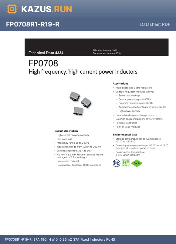 FP0708R1-R19-R datasheet - 37A 190nH a10% 0.35mY 37A Fixed Inductors RoHS