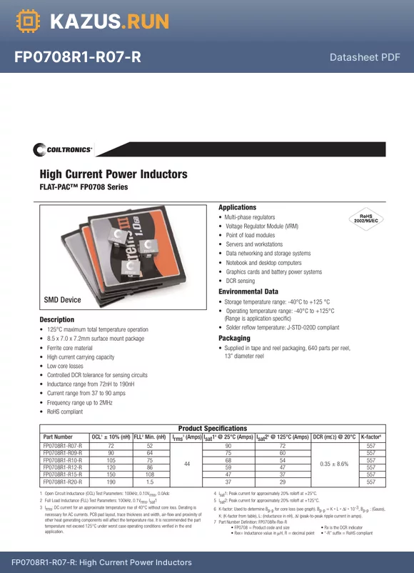 FP0708R1-R10-R datasheet - 44A 105nH a10% 0.35mY 68A Fixed Inductors RoHS