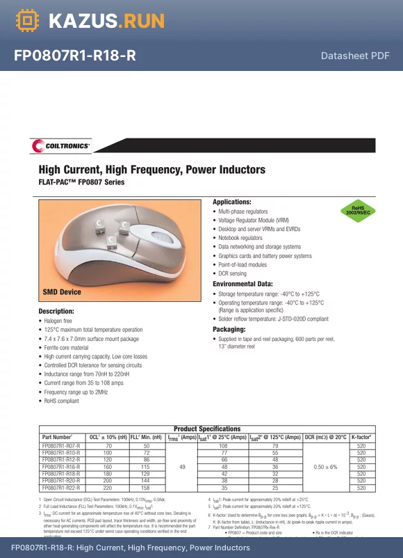 FP0807R1-R20-R datasheet - 38A 200nH a10% 0.5mY 38A Fixed Inductors RoHS